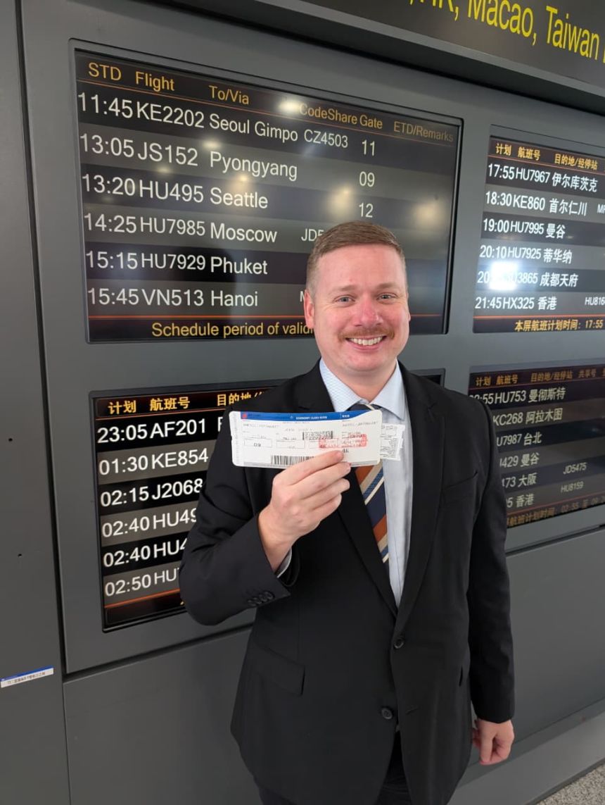 Martell at Beijing International Airport, waiting to board Air Koryo flight to Pyongyang