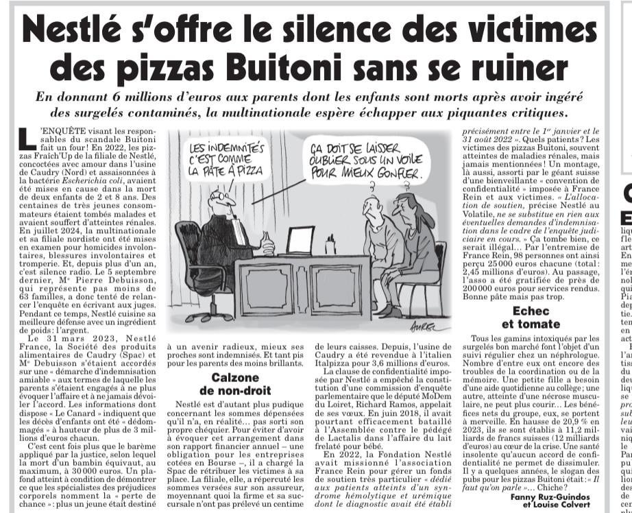Nestlé s’offre le silence des victimes des pizza Buitoni sans se ruiner - Le Canard enchaîné du 22/10/2025