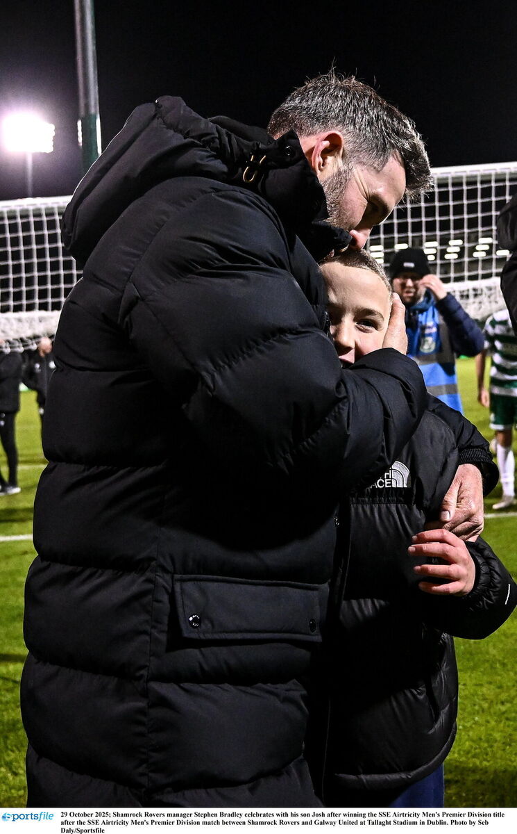Shamrock Rovers manager Stephen Bradley celebrates with his son Josh. Pic: Seb Daly/Sportsfile