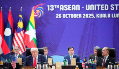 U.S. President Donald Trump (front left) speaks as Malaysia's Prime Minister Anwar Ibrahim (front right) looks on during the 13th Asean-U.S. Summit, part of the 47th Association of Southeast Asian Nations (Asean) Summit in Kuala Lumpur, Malaysia on Oct. 26. [AFP/YONHAP]