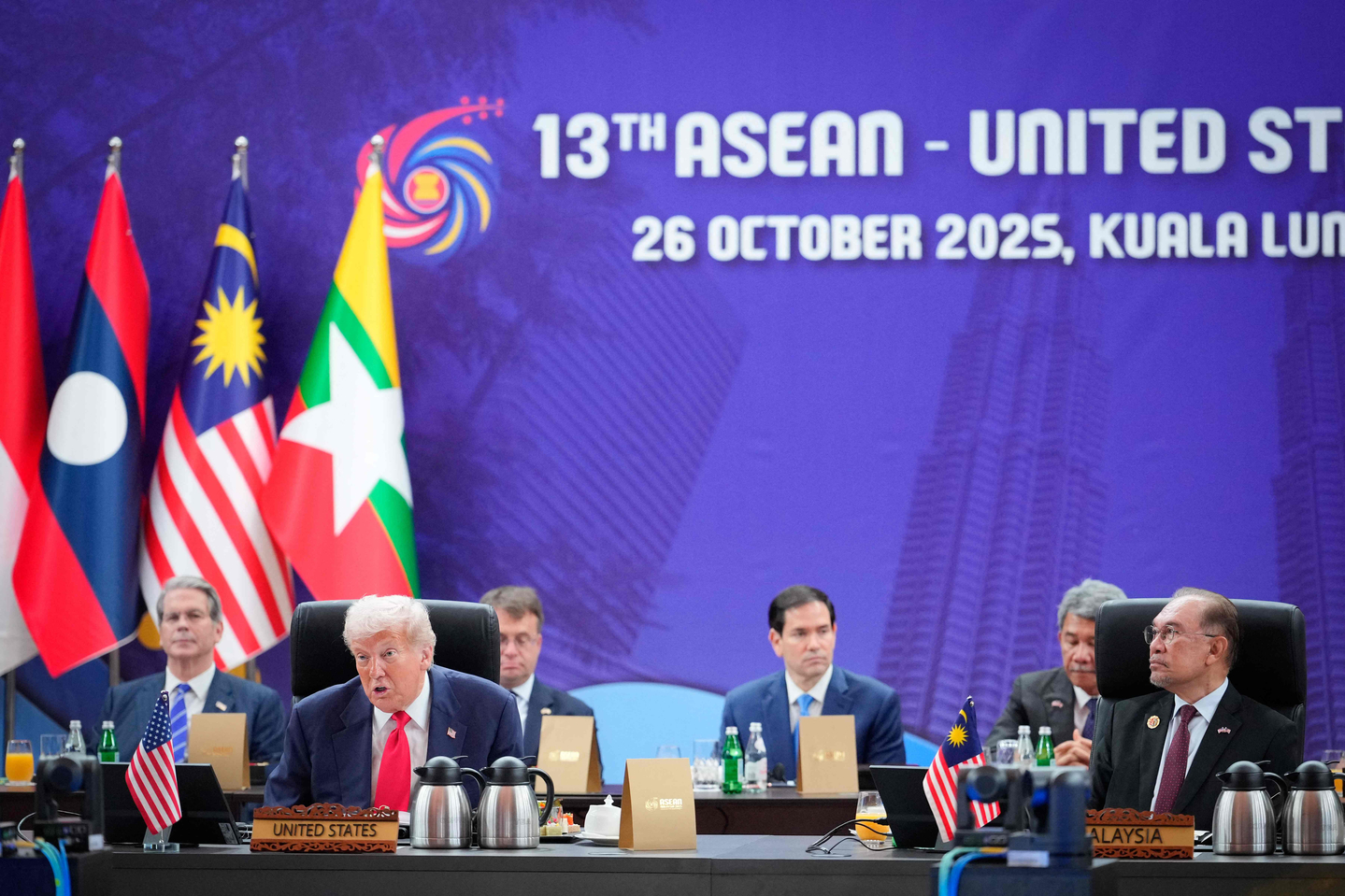 U.S. President Donald Trump (front left) speaks as Malaysia's Prime Minister Anwar Ibrahim (front right) looks on during the 13th Asean-U.S. Summit, part of the 47th Association of Southeast Asian Nations (Asean) Summit in Kuala Lumpur, Malaysia on Oct. 26. [AFP/YONHAP]