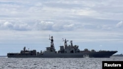 A Russian navy vessel sails through the Great Belt Strait, one of three Danish straits.