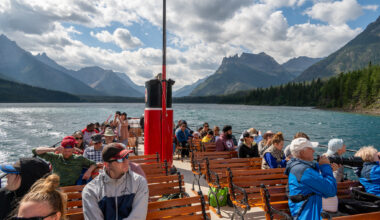 One of the boats that runs between Waterton Townsite and Goat Haunt is the International. Built in 1927, the International has carried thousands of visitors across the border during its lifetime. Passengers can disembark for a brief sightseeing opportunity, while others take the boat to start multi-day backpacking trips. (Photo by Glacier National Park / NPS)
