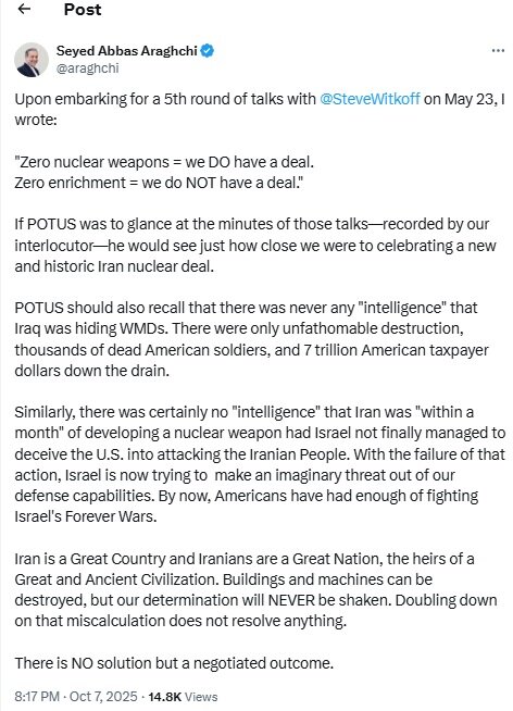 Iran never sought nuclear weapons: Araghchi to Trump