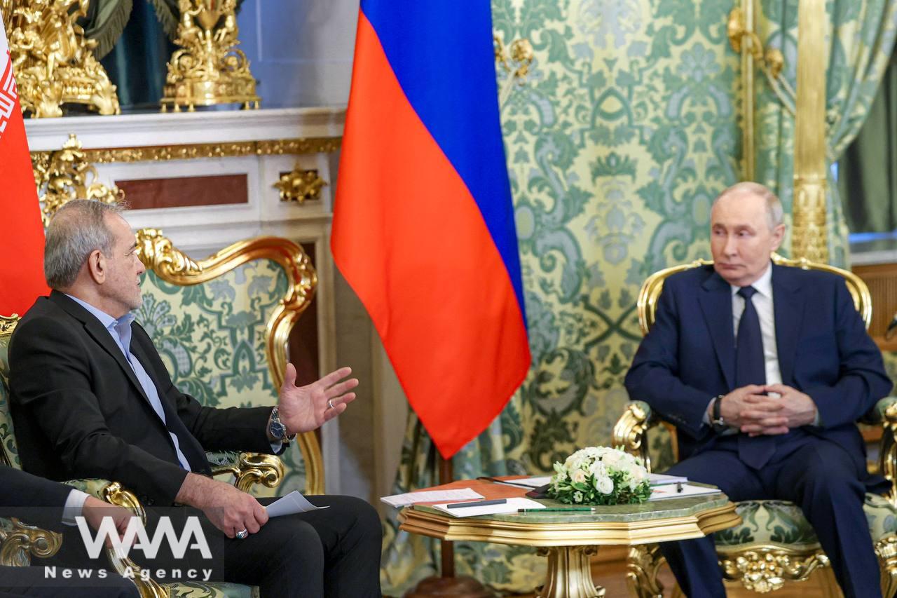 Russian President Vladimir Putin and Iranian President Masoud Pezeshkian meet in Moscow, Russia January 17, 2025. Handout / WANA News Agency