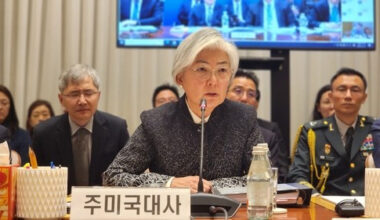 Ambassador to the United States Kang Kyung-wha speaks during a parliamentary audit at the Korean mission to the United Nations in New York on Oct. 17, 2025. [YONHAP]