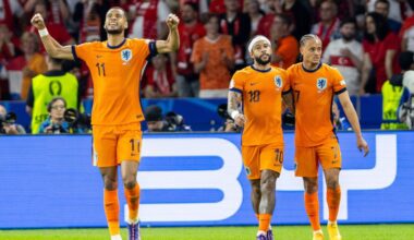 Cody Gakpo, Memphis Depay, Xavi Simons are celebrating scoring a goal during the UEFA Euro 2024 Quarter-Final match between Netherlands v Turkiye, at the Olympiastadion Berlin in Berlin, Germany, on July 6, 2024