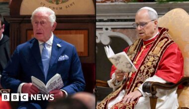 Historic moment King Charles prays alongside Pope Leo