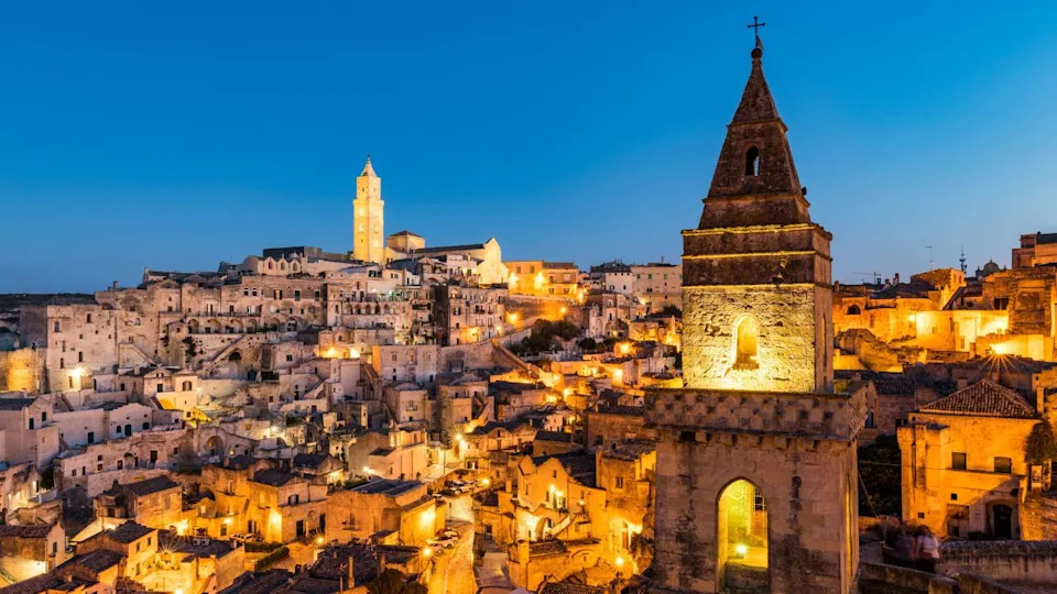Panoramic view of the ancient town of Matera (Sassi di Matera) in a beautiful autumn day, Basilicata, southern Italy. Stunning view of the village of Matera. Matera is a city on a rocky outcrop.