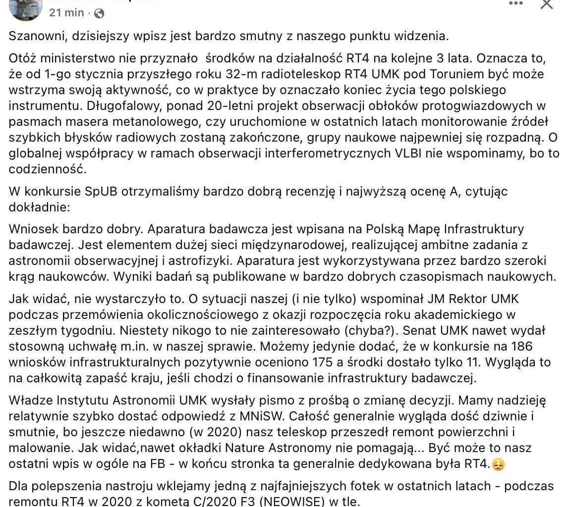 Największy w Polsce Radioteleskop nie otrzymał wsparcia finansowanego od ministerstwa nauki i może zakończyć działalność