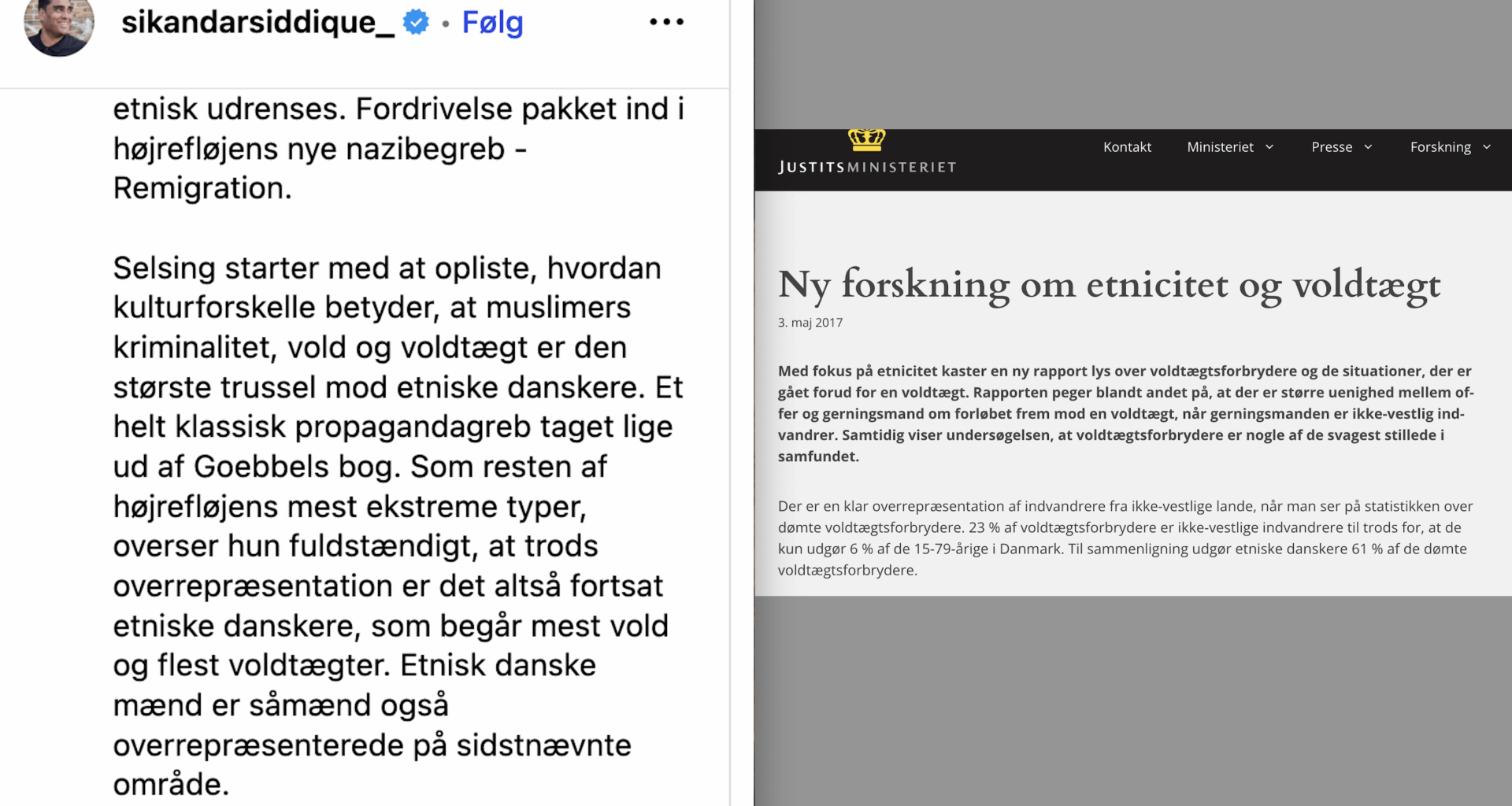 Sikandar Siddique påstår i sit seneste instagram oplæg, at etnisk danske mænd er overrepræsenterede indenfor voldtægter. Ifølge Justitsministeriets undersøgelser holder det dog ikke vand: Derimod er ikke-vestlige indvandrere overrepræsenteret med næsten 400%