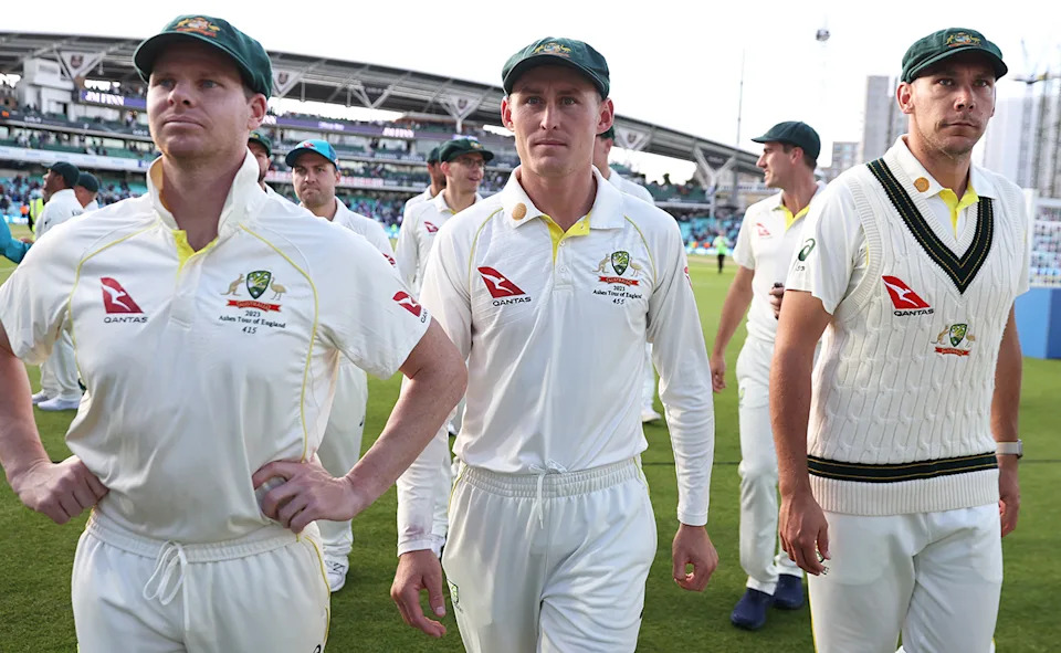 Steve Smith, Marnus Labuschagne and Scott Boland, pictured here after Australia's loss in the fifth Ashes Test in 2023.