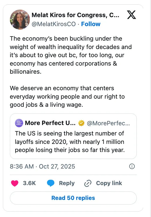 Social media post by Melat Kiros for Congress, highlighting wealth inequality and advocating for an economy centered on working people and fair wages