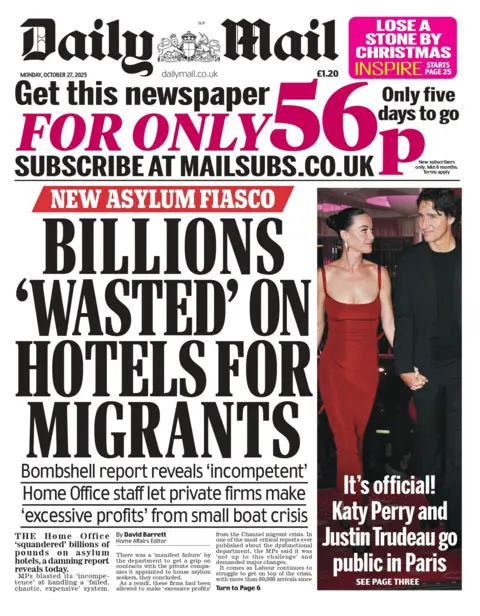 BBC "Billions 'wasted' on hotels for migrants" reads the headline on the front page of the Daily Mail.