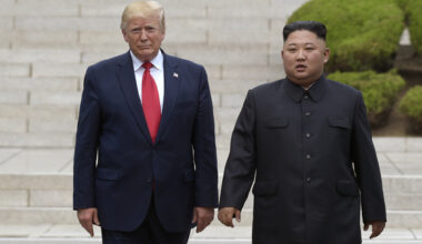 U.S. President Donald Trump, left, meets with North Korean leader Kim Jong-un on the North Korean side of the border at the village of Panmunjom in the demilitarized zone on June 30, 2019.. [AP/YONHAP]