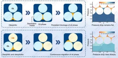 Granular beds with asymmetric wettability enhances migration and separation of petroleum hydrocarbon pollutants