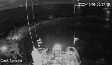 This image obtained from live stream footage from the Sumud Flotilla's Gaza Sunbird 1 vessel shows Israeli forces approaching in boats, in Eastern Mediterranean sea, on Oct. 8.