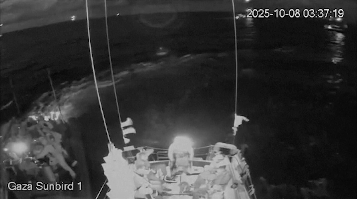 This image obtained from live stream footage from the Sumud Flotilla's Gaza Sunbird 1 vessel shows Israeli forces approaching in boats, in Eastern Mediterranean sea, on Oct. 8.