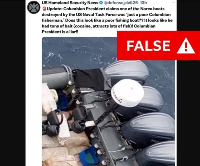 A false post about a Colombian drug smuggling boat being destroyed by the US uses a picture taken at a drugs seizure off the Canary Islands last year