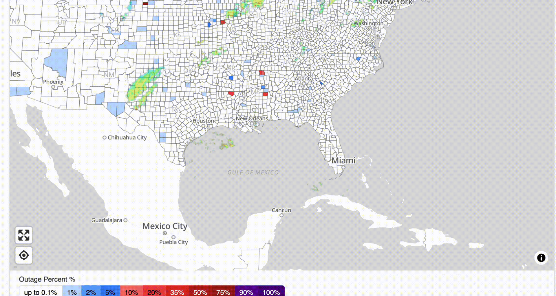 [OC] Outages over the last 36 hours in the mid-eastern US, with weather radar overlay