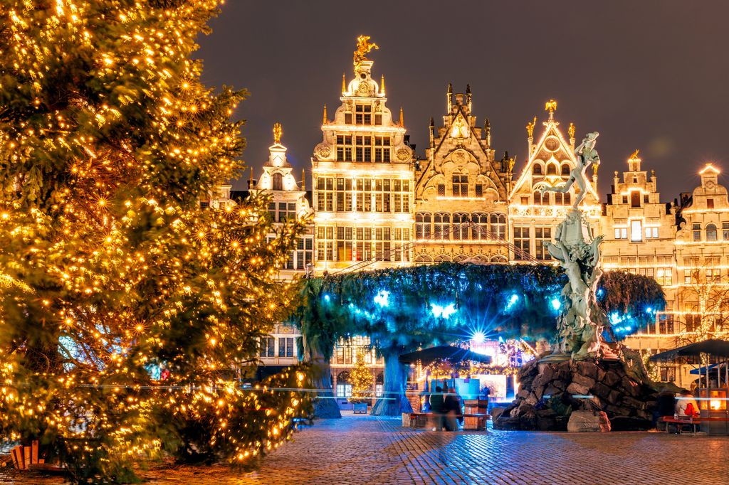 Grote Markt square decorated with beautiful Christmas lights for Christmas holidays, Antwerpen, Flanders, Belgium