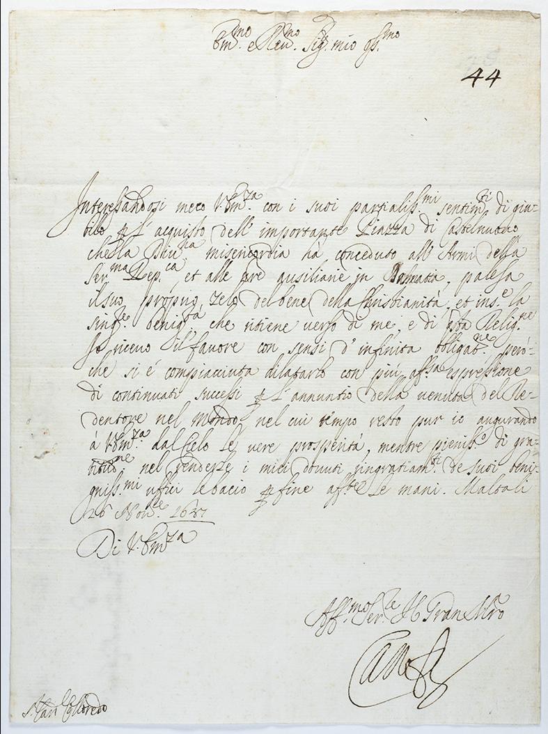 A letter referencing the Order’s involvement in Venice’s capture of the Piazza di Castelnuovo in Dalmatia, dated November 26, 1687.