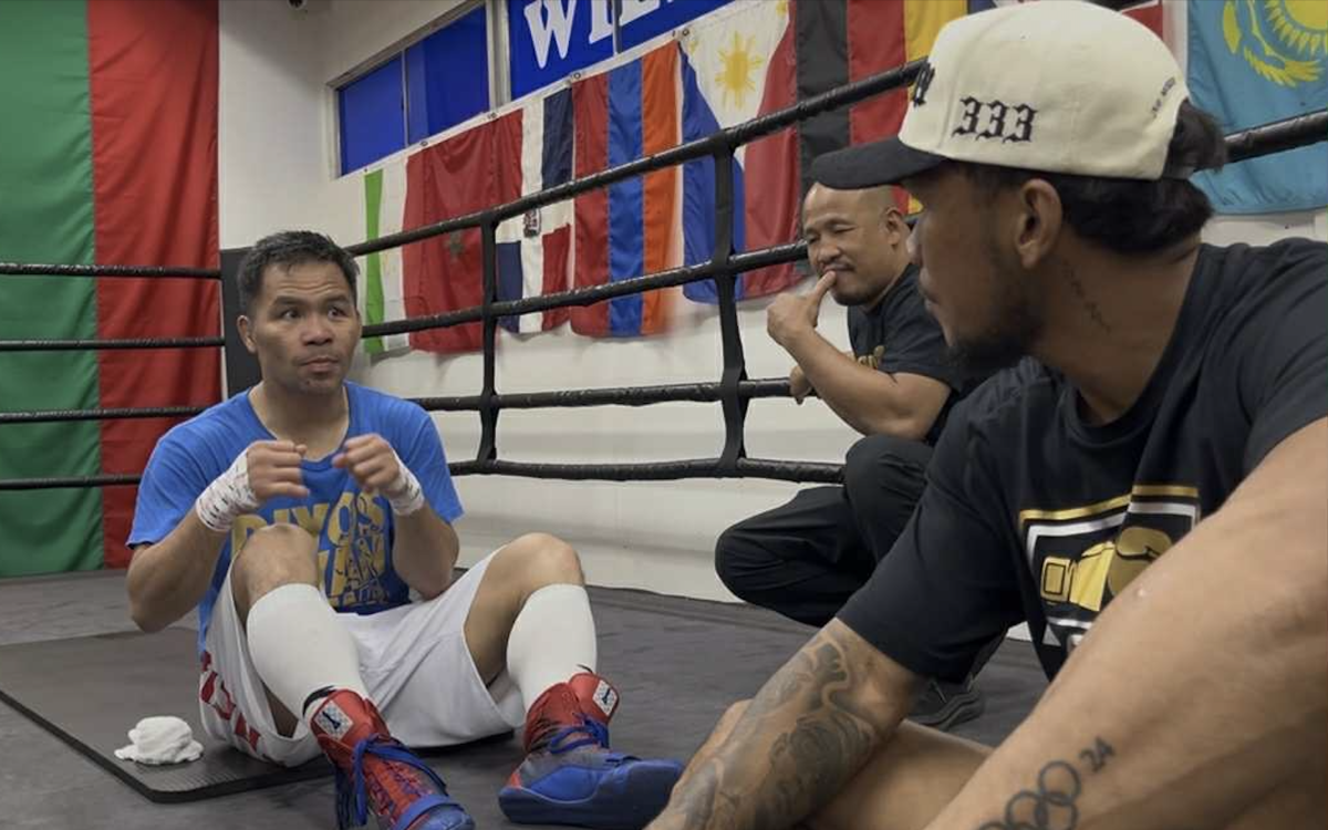 Eumir Marcial (right) observes Manny Pacquiao’s training. CONTRIBUTED PHOTO