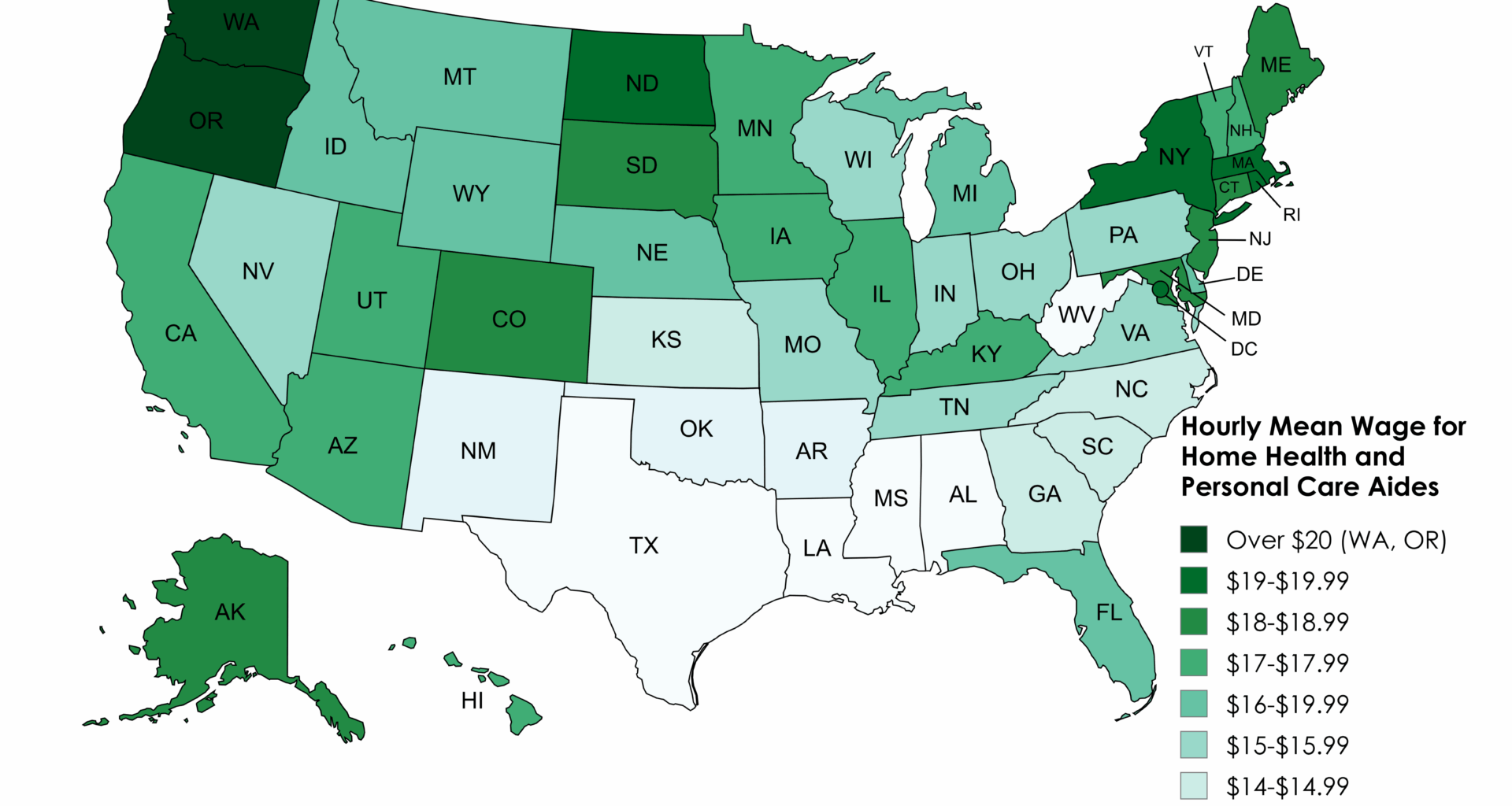 [OC] Hourly Mean Wage for Home Health and Personal Care Aides by U.S. State (2024)