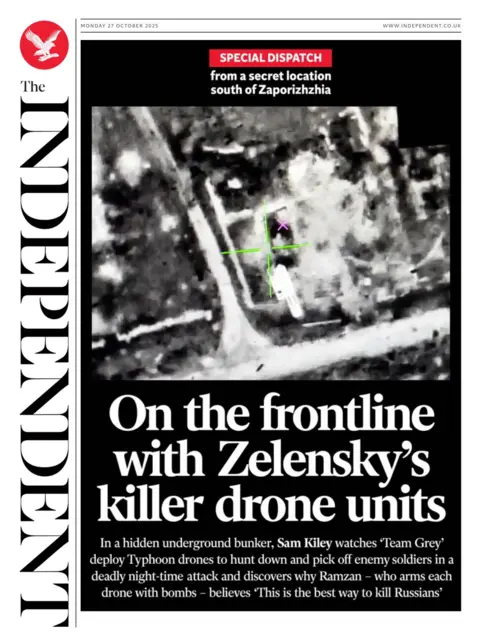 "On the frontline with Zelensky's killer drone units" reads the headline on the front page of The Independent.