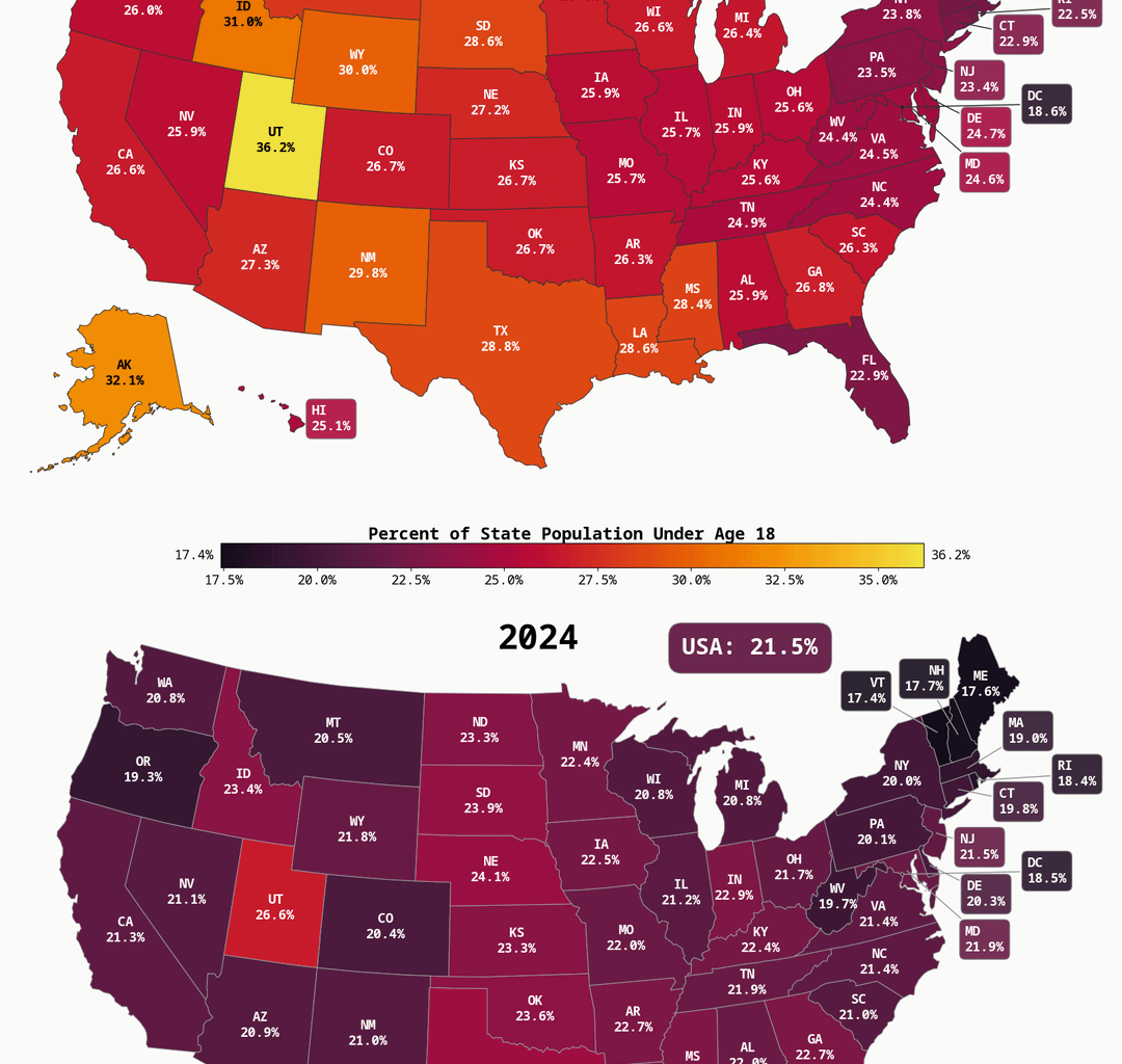 percent of population under 18 by US state, 1990-2024 (swipe for time series) [OC]