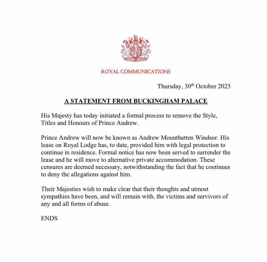 Re: Andrew: Statement from Buckingham Palace