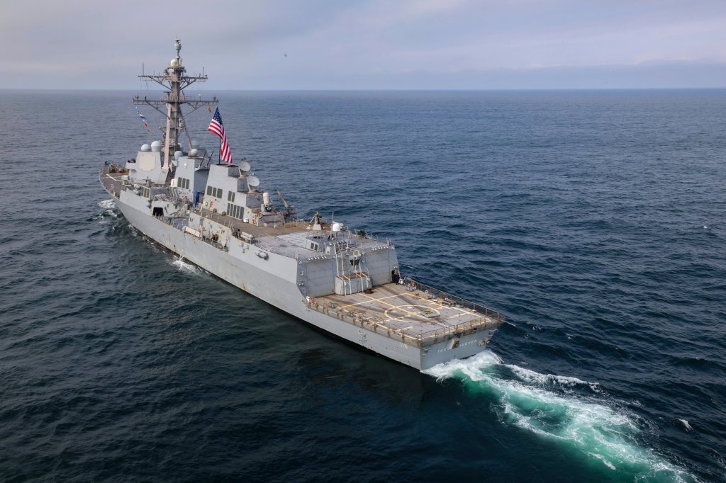 ATLANTIC OCEAN – (May 12, 2025) The Arleigh Burke-class guided-missile destroyer USS Bulkeley (DDG 84), maneuvers into position during At-Sea Demonstration (ASD) / Formidable Shield (FS) 2025. ASD/FS 25 is the largest at-sea live-fire exercise in the European theater, hosted by U.S. 6th Fleet and executed by Naval Striking and Support Forces NATO. ASD/FS 25 is designed to enhance Allied interoperability in a joint, live-fire, Integrated Air and Missile Defense environment using NATO command and control reporting structures. (U.S. Navy photo by Mass Communication Specialist 2nd Class Jonathan Nye)
