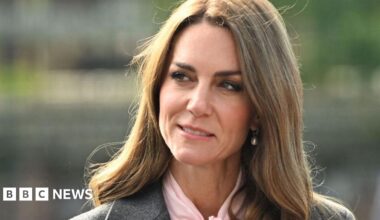 A head and shoulders crop of Catherine, Princess of Wales, as she looks to the left of frame against an out-of-focus background as she stands outside during a visit to Farnborough Road Infant and Junior School in Birkdale in September.