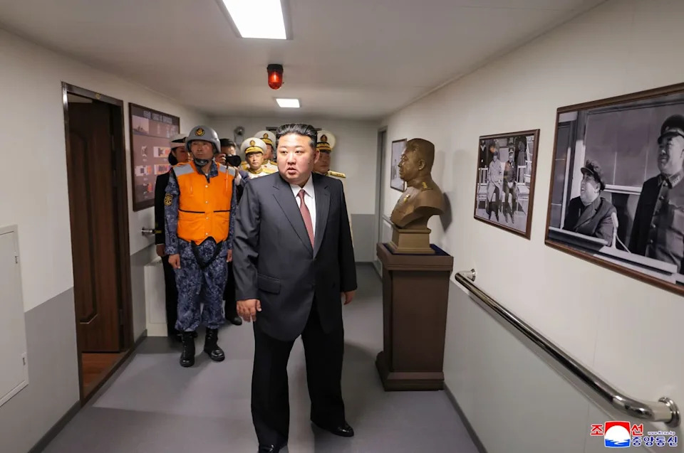 In this photo provided by the North Korean government, North Korean leader Kim Jong Un visits the Choe Hyon destroyer Sunday, Oct. 5, 2025, at undisclosed location, North Korea. (AP)