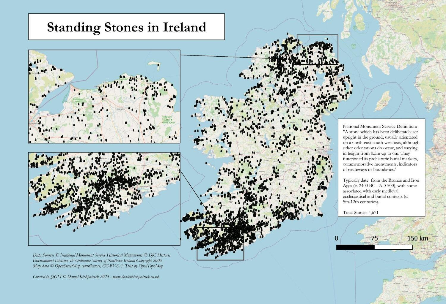 [OC] Distribution of Standing Stones in Ireland