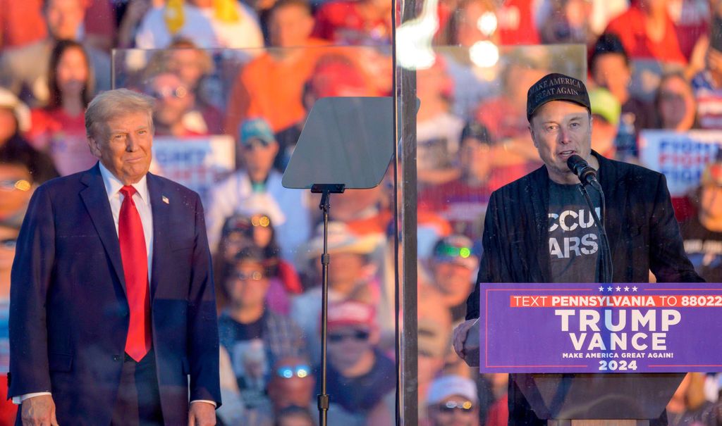 Elon Musk, Founder, CEO, and Chief Engineer of SpaceX joins former President Donald Trump at the Bulter Farm Show grounds for a rally on Saturday October 5, 2024