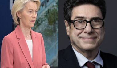 European Commission President Ursula von der Leyen (left) congratulates economist Philippe Aghion (right) on receiving the Nobel Prize in Economics, calling it “a proud moment for Europe.” (Image: X/@vonderleyen)