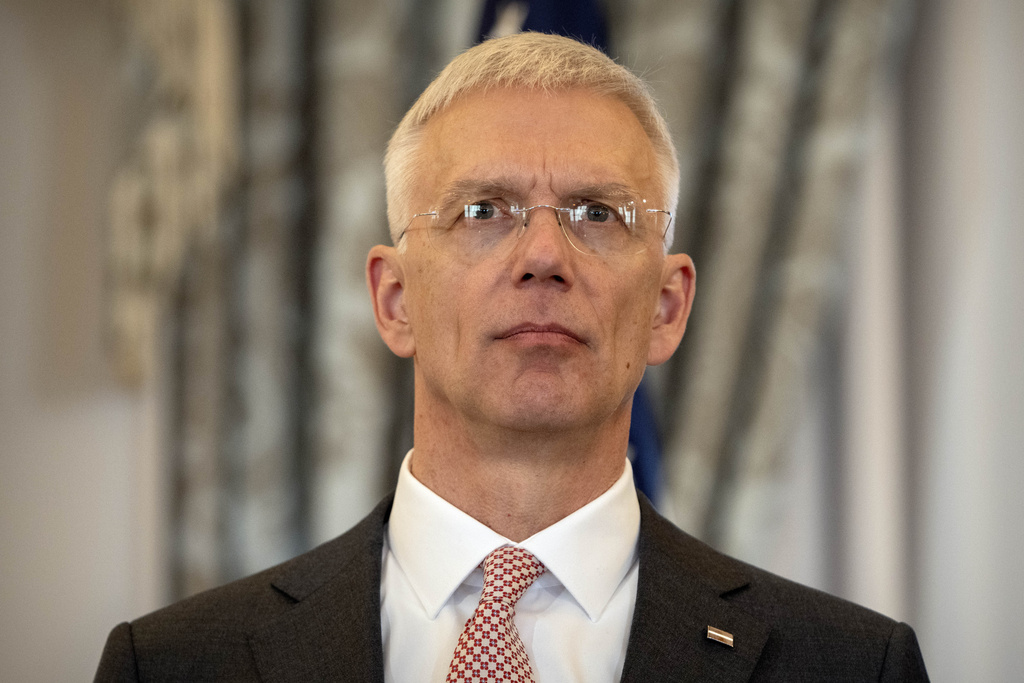 Latvia's Foreign Minister Krisjanis Karins stands during remarks on the sidelines of a meeting with Secretary of State Antony Blinken and the foreign ministers of Estonia and Lithuania at the State Department, Monday, March 25, 2024, in Washington. (AP Photo/Mark Schiefelbein).