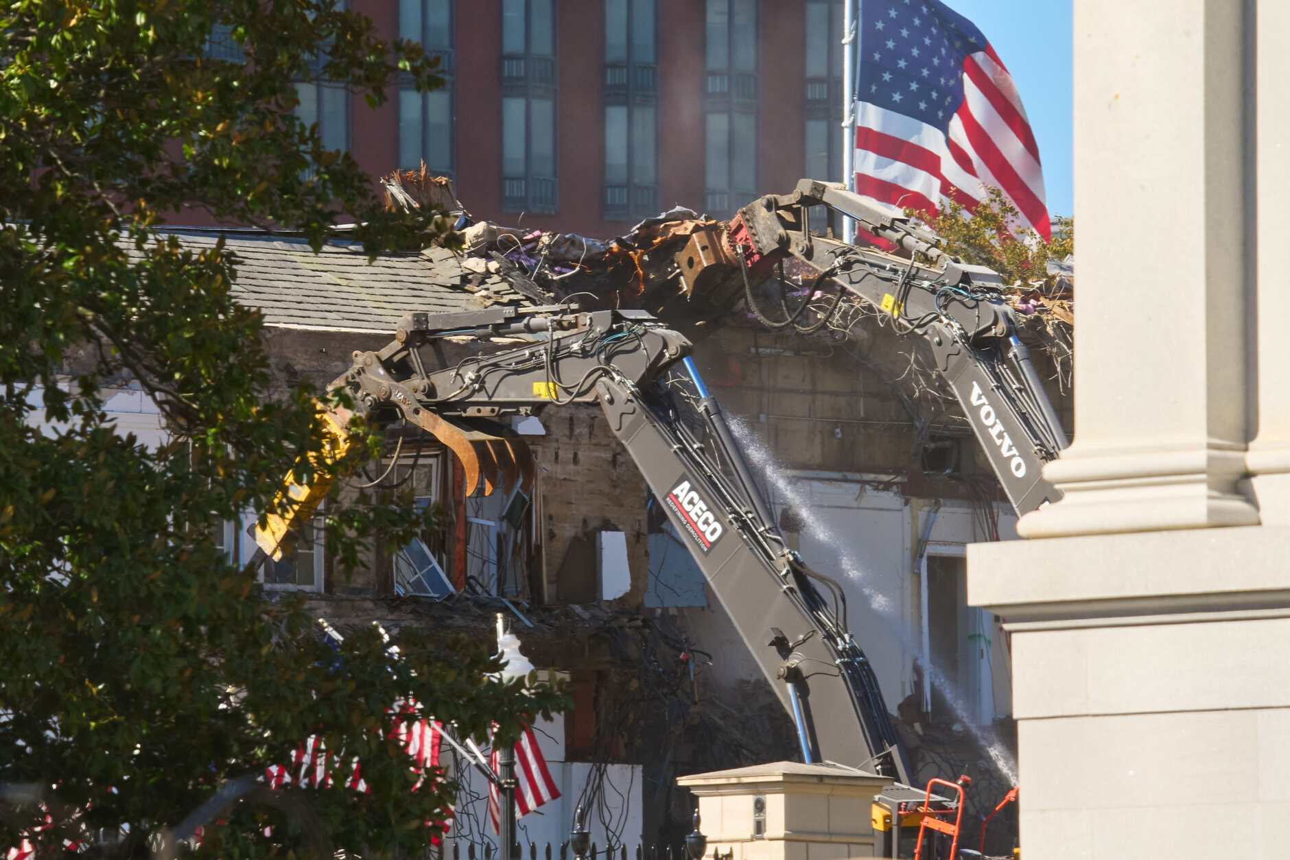 Work continues on the demolition of a part of the East Wing of the White House, Tuesday, Oct. 21, 2025,