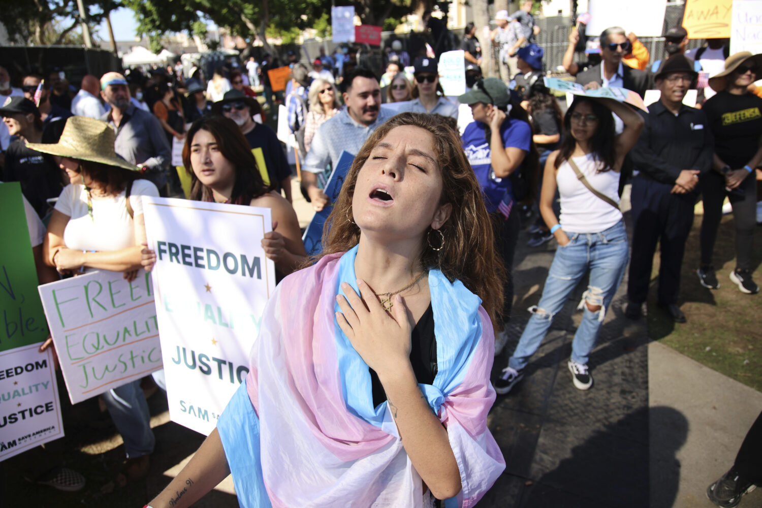 Supporters gather during an immigration rally on Saturday, Sept. 20, 2025, in Los Angeles. (AP Phot...