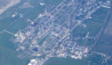 Aerial view from 2019 of the Petrotel-Lukoil oil refinery in Ploiești, Romania