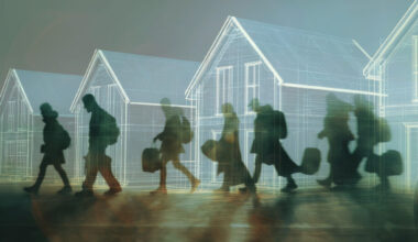Asylum seekers walking past outlines of new-build houses, symbolising housing challenges in the UK