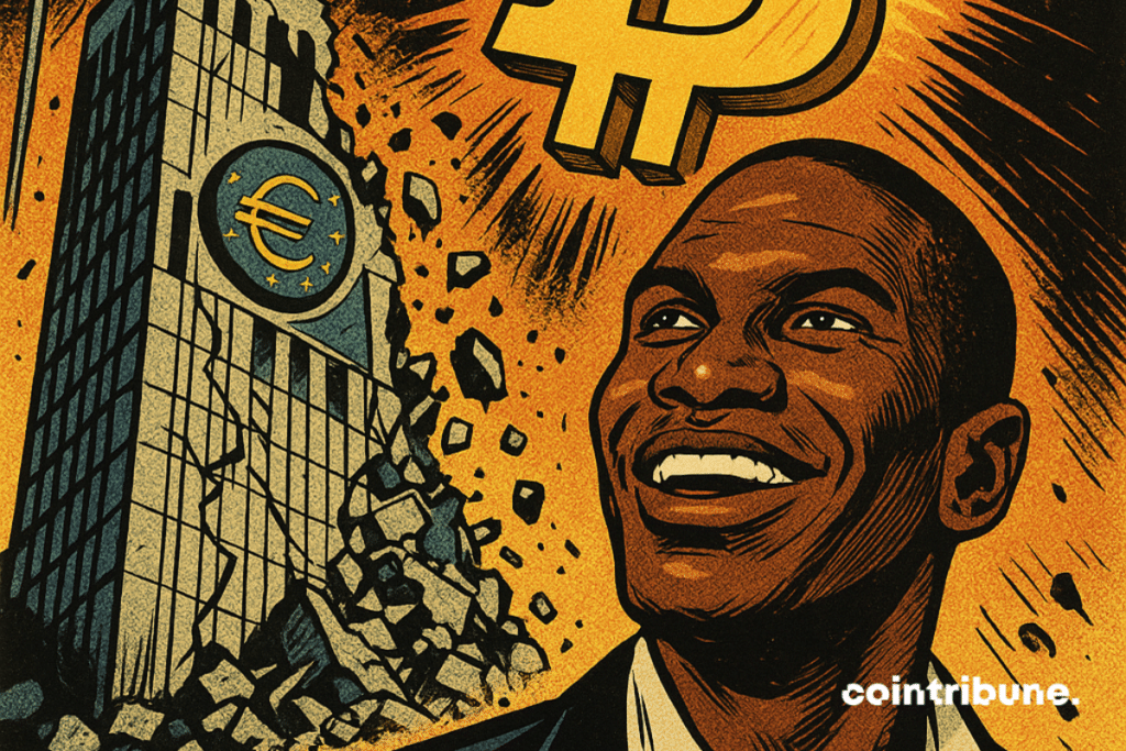 Arthur Hayes smiling in front of a ruined ECB building, with a Bitcoin symbol shining in the background.