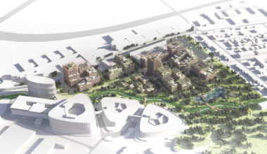 A 3D rendering of the future Heal campus, including the existing House of Biohealth in white (top and centre).