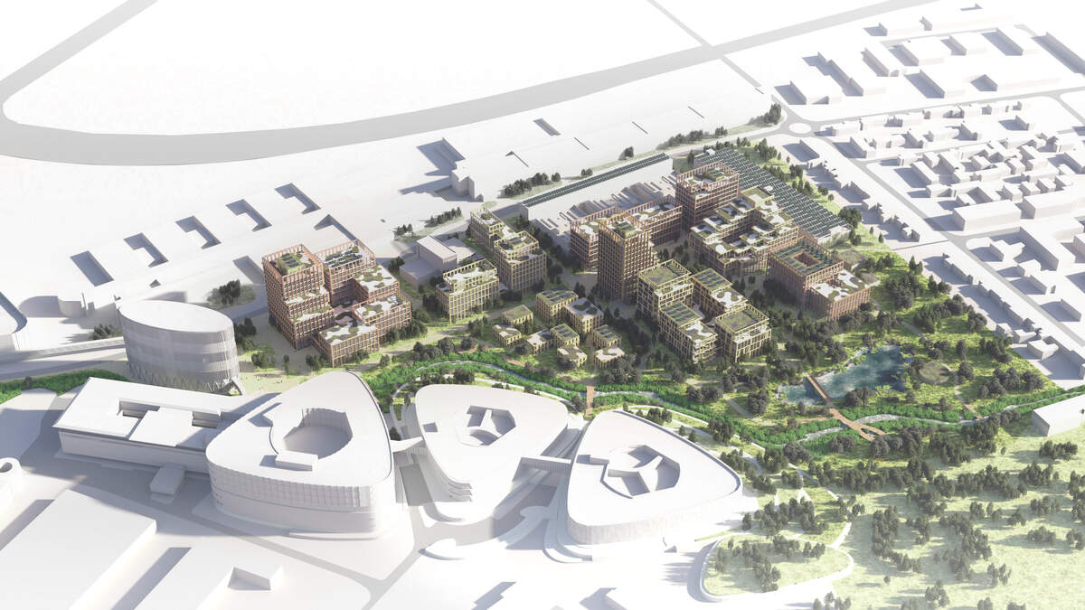 A 3D rendering of the future Heal campus, including the existing House of Biohealth in white (top and centre).
