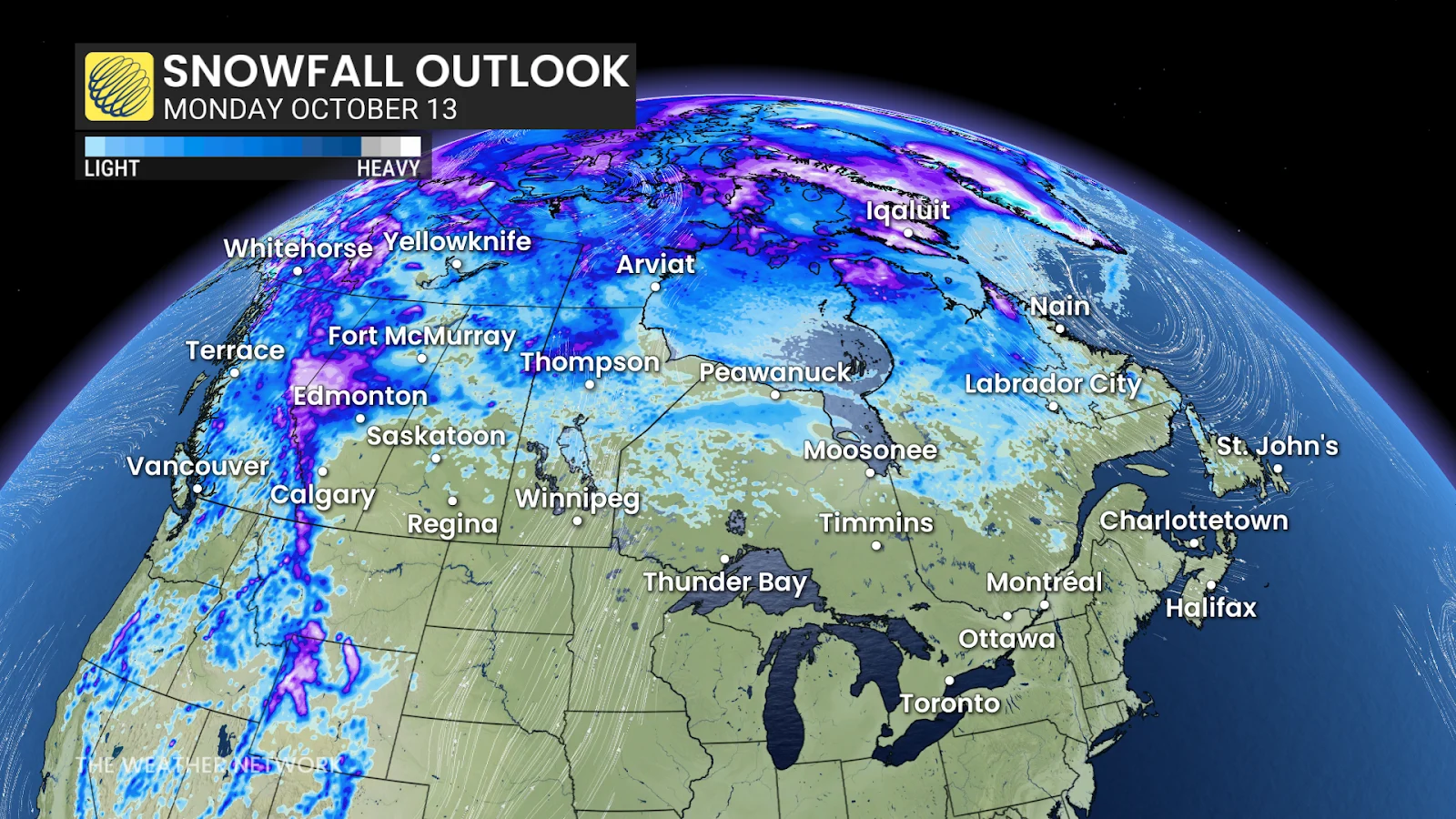 Canada snowfall outlook Monday October 13
