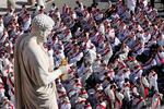 Clergy take their seats for the funeral of Pope Francis in St. Peter's Square at the Vatican.