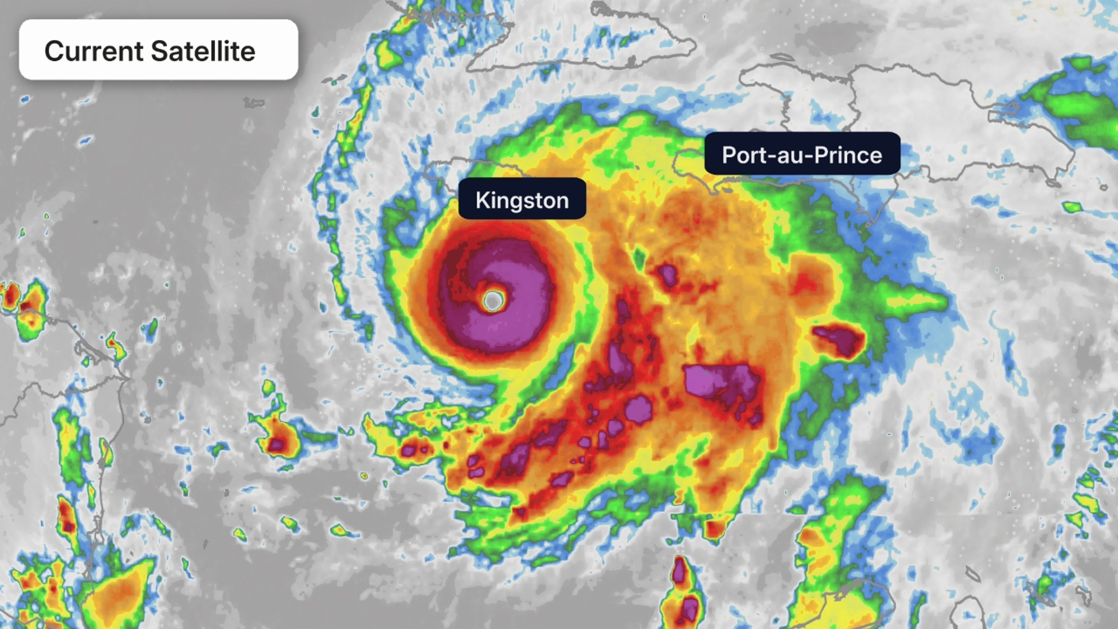 The highest cloud tops, corresponding to the most vigorous convection, are shown in the dark red and pink colors. Clustering, deep convection around the center is a sign of a healthy tropical system.