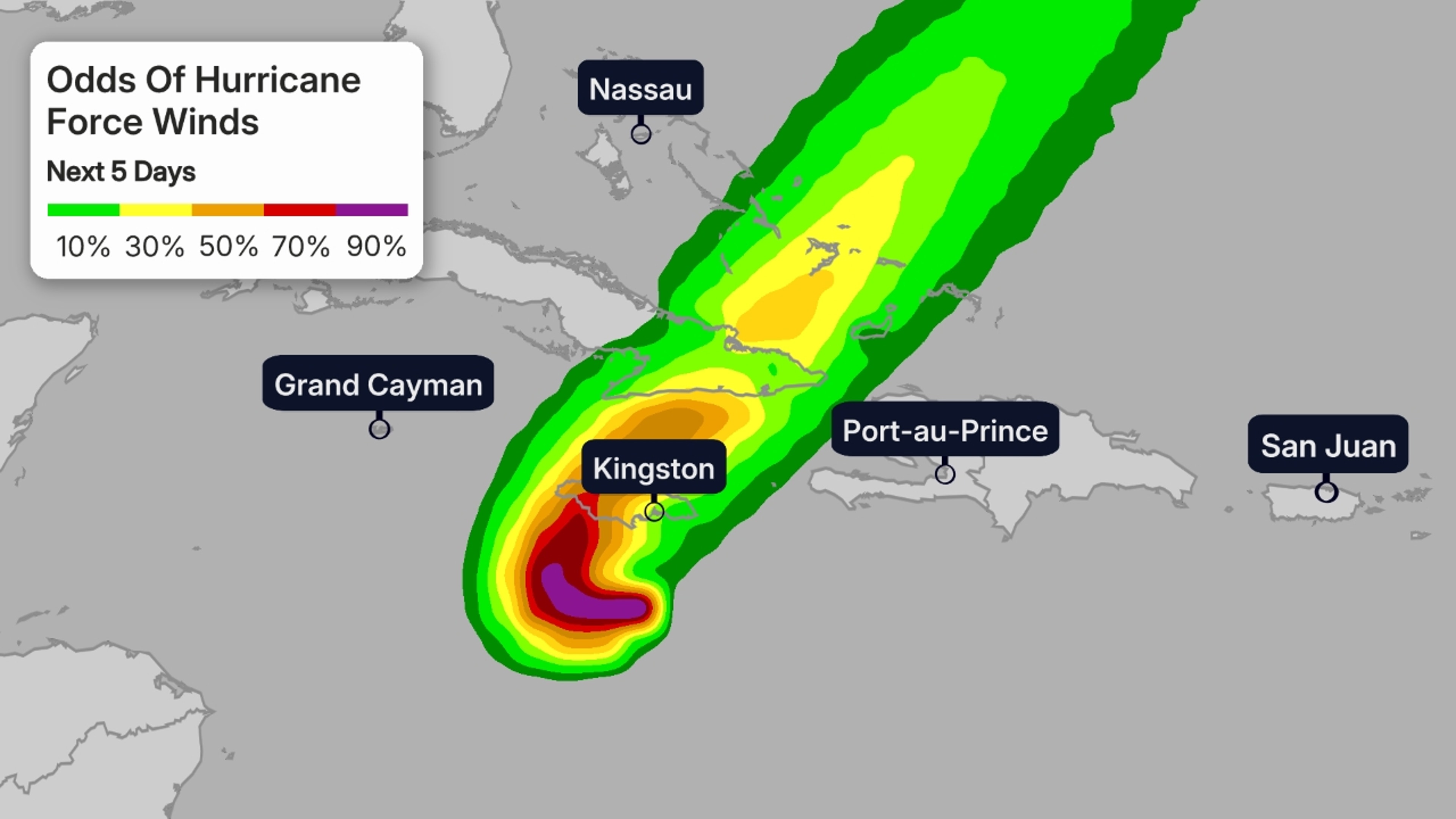 The contours above show the chance of hurricane-force winds (at least 74 mph), according to the latest forecast by the National Hurricane Center.
