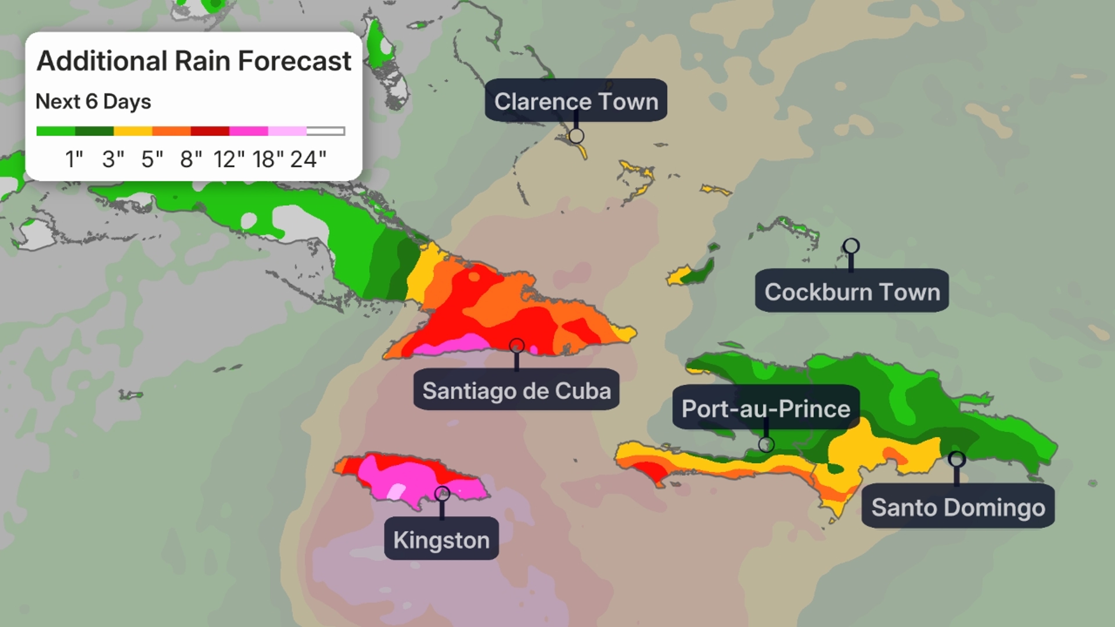 This should be interpreted as a broad forecast of where the heaviest rain may fall and may shift based on the forecast path of the tropical cyclone. Higher amounts may occur where bands of rain stall over a period of a few hours.  